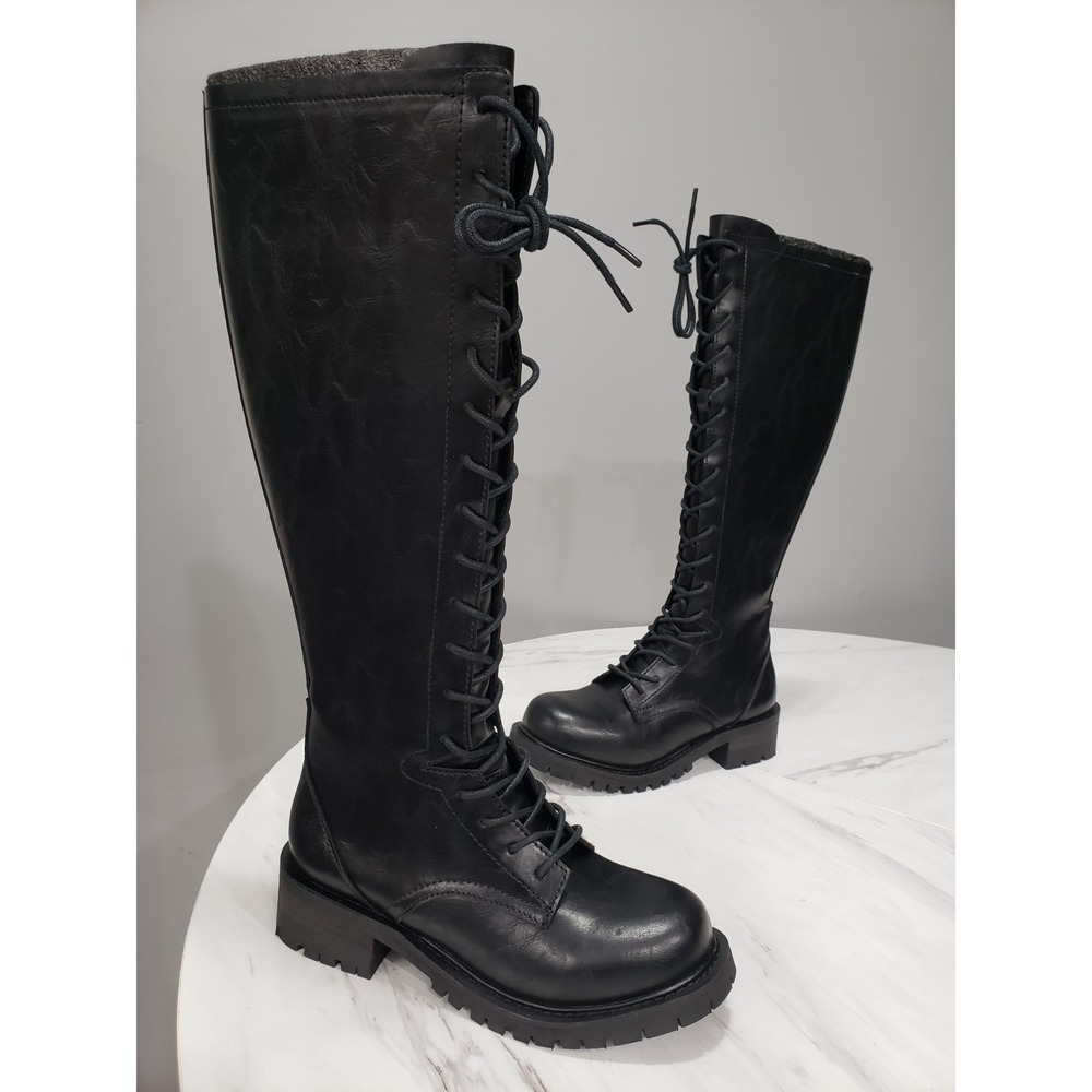NEW NO BOX 9 Darker Wavs black combat moto Outro Knee High Cadet Boots GOTHIC